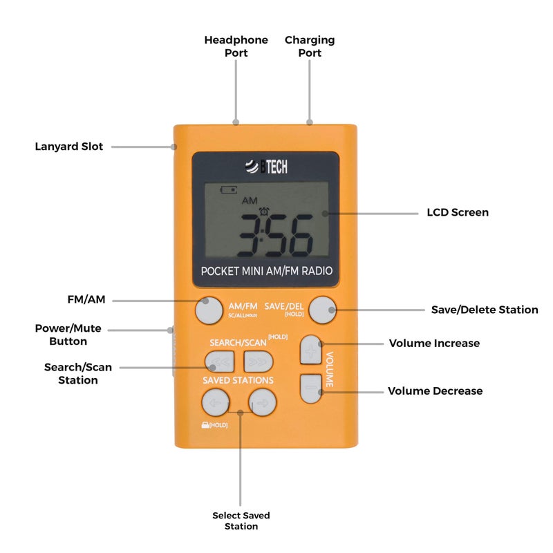 BTECH راديو شخصي BTECH MPR-AF1 AM FM مع نوعين من سماعات الستيريو، ساعة، استقبال ممتاز وعمر بطارية طويل، راديو ووكمان ميني جيب مع سماعات (برتقالي) - Image 4